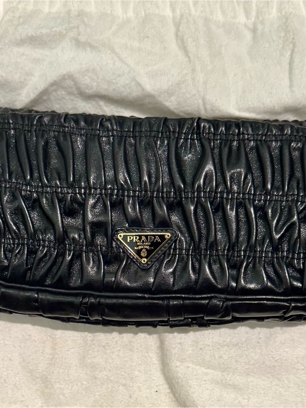 Prada Black Ruched Leather Clutch with Gold Triangle Plaque